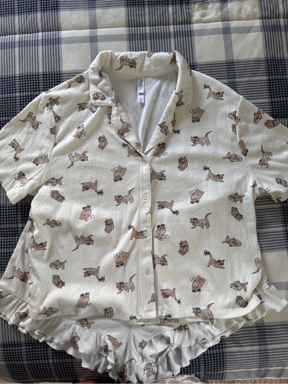 wild fable Cream Cat-Print Pajama Set with Brown Kittens